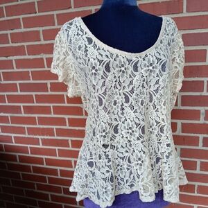.Vintage 90s Lace Peplum Top. Made in USA by Caren Sport. 3X